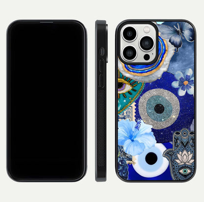 Celestial Blue Vision Glass Case for iPhone 13 Pro Max dual-view layout showing celestial gradient and curved edges