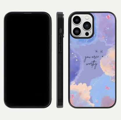 Celestial Cloud Magic Glass Case for iPhone 13 Pro Max dual-view layout showcasing soft color transition and gloss shine