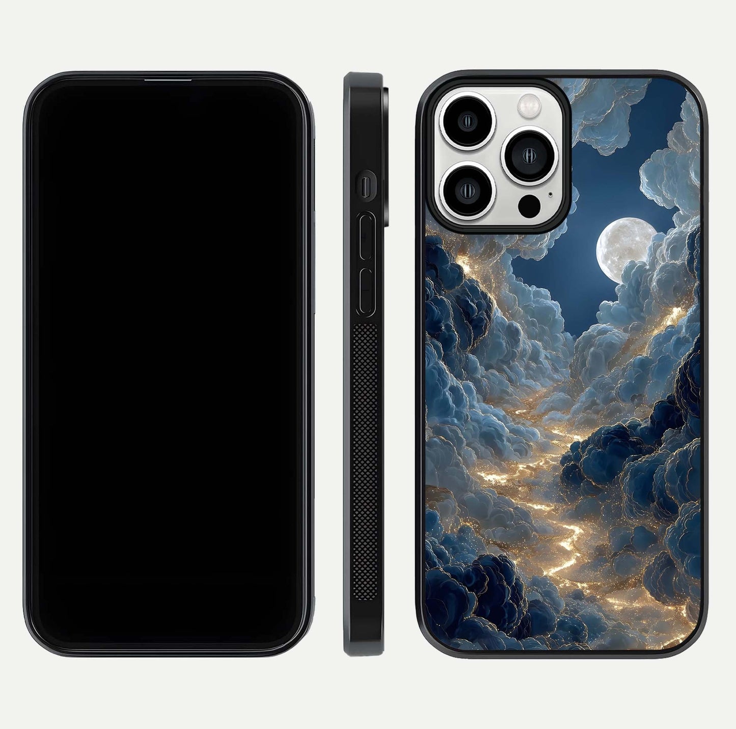 Celestial Cloud Road Glass Case for iPhone 13 Pro Max front-and-back layout displaying balance between light and depth