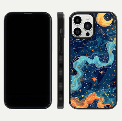 Celestial Dream Flow Glass Case for iPhone 13 Pro Max dual-view layout showing abstract flow and curved glass