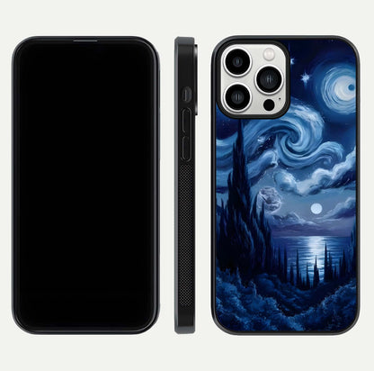 Celestial Dream Van Gogh Glass Case for iPhone 13 Pro Max dual-view layout displaying art texture and glass polish