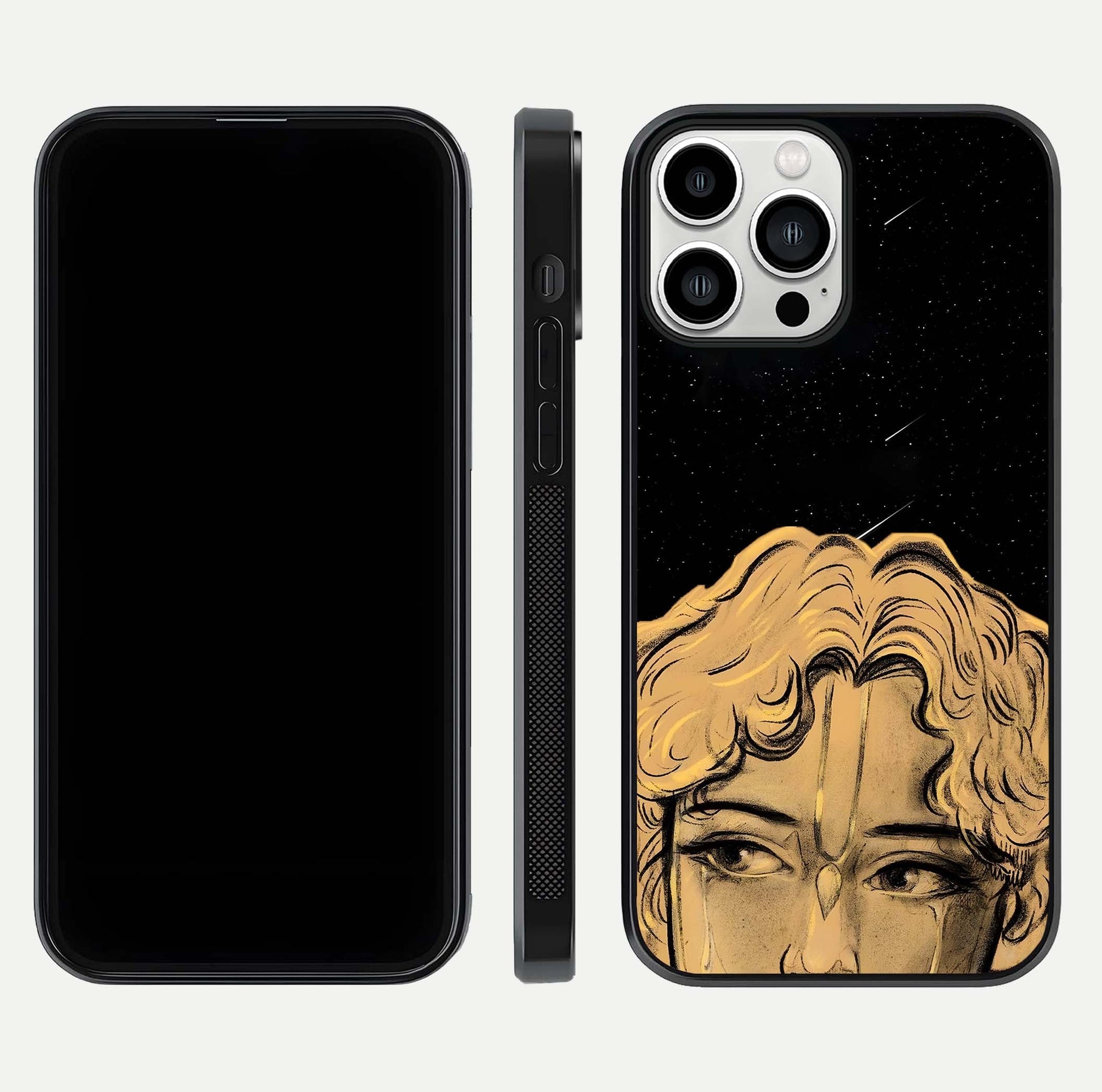 Celestial God’s Plan Glass Case for iPhone 13 Pro Max front & back layout showing smooth finish and spiritual art