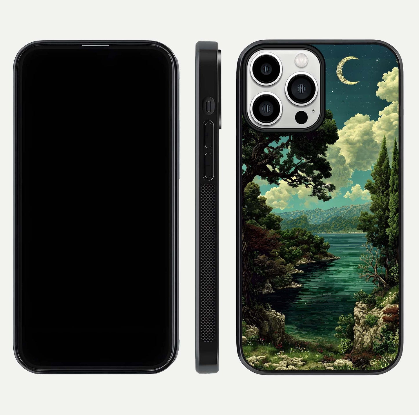 Celestial Lake Peace Glass Case for iPhone 13 Pro Max dual-view layout showing soft hues and HD shine