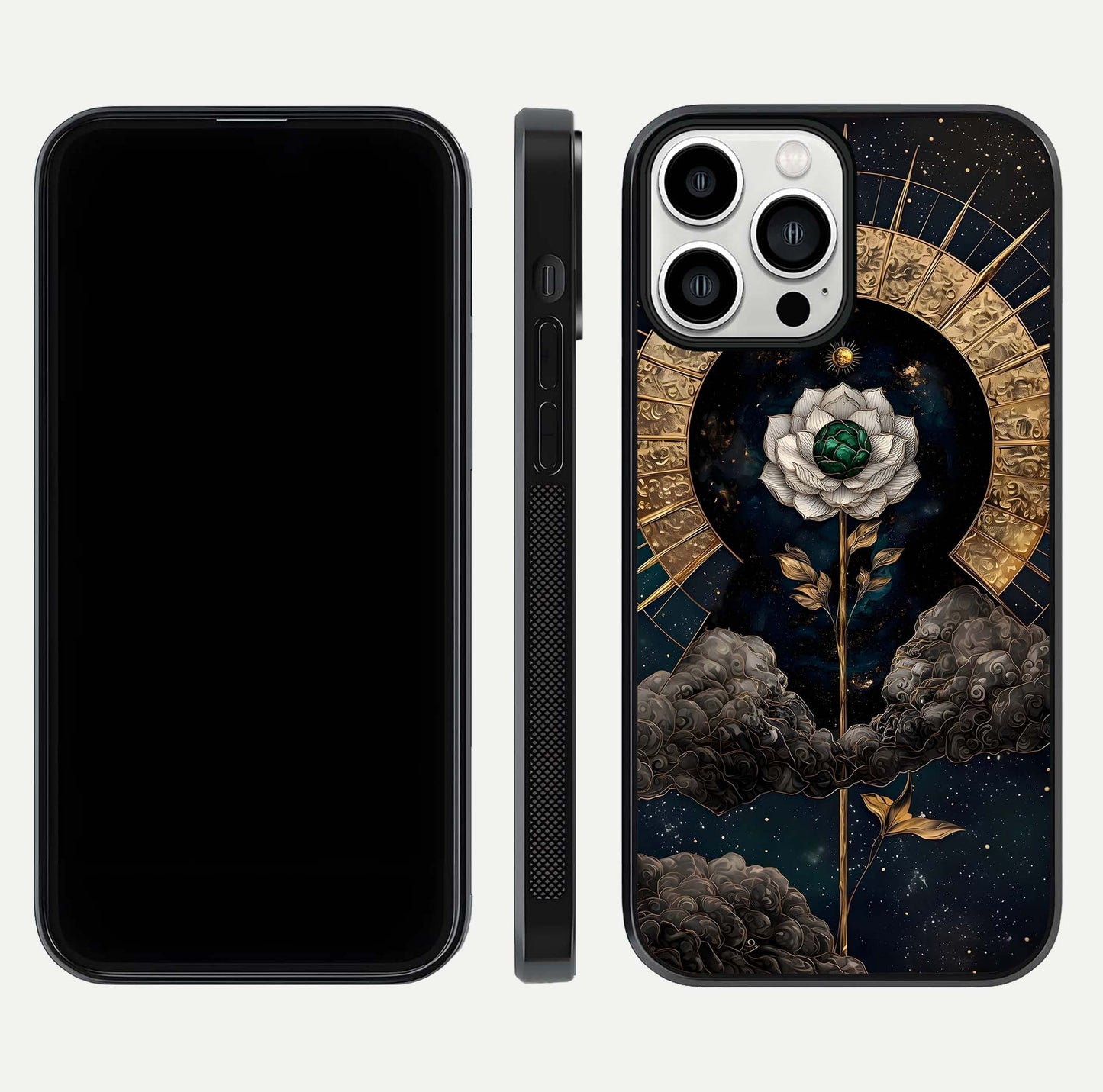 Celestial Lotus Morang Glass Case for iPhone 13 Pro Max dual-view layout displaying floral symmetry and polished edges