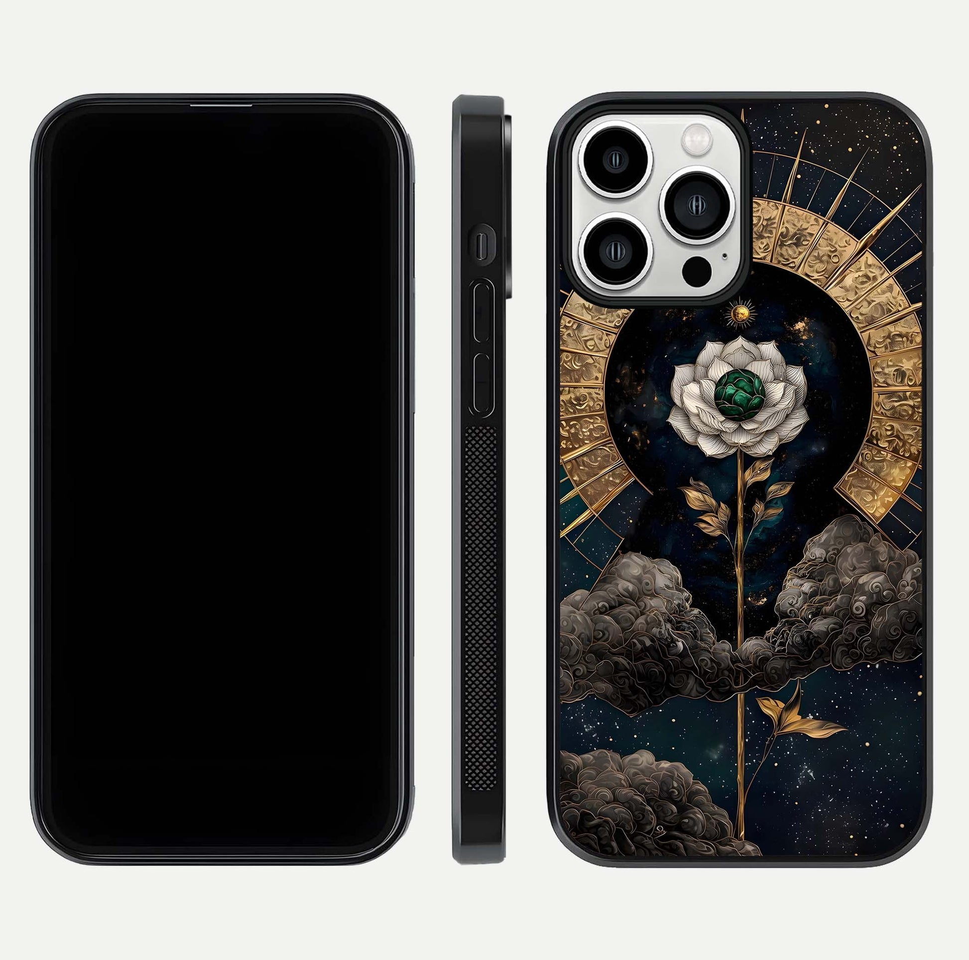 Celestial Lotus Morang Glass Case for iPhone 13 Pro Max dual-view layout displaying floral symmetry and polished edges