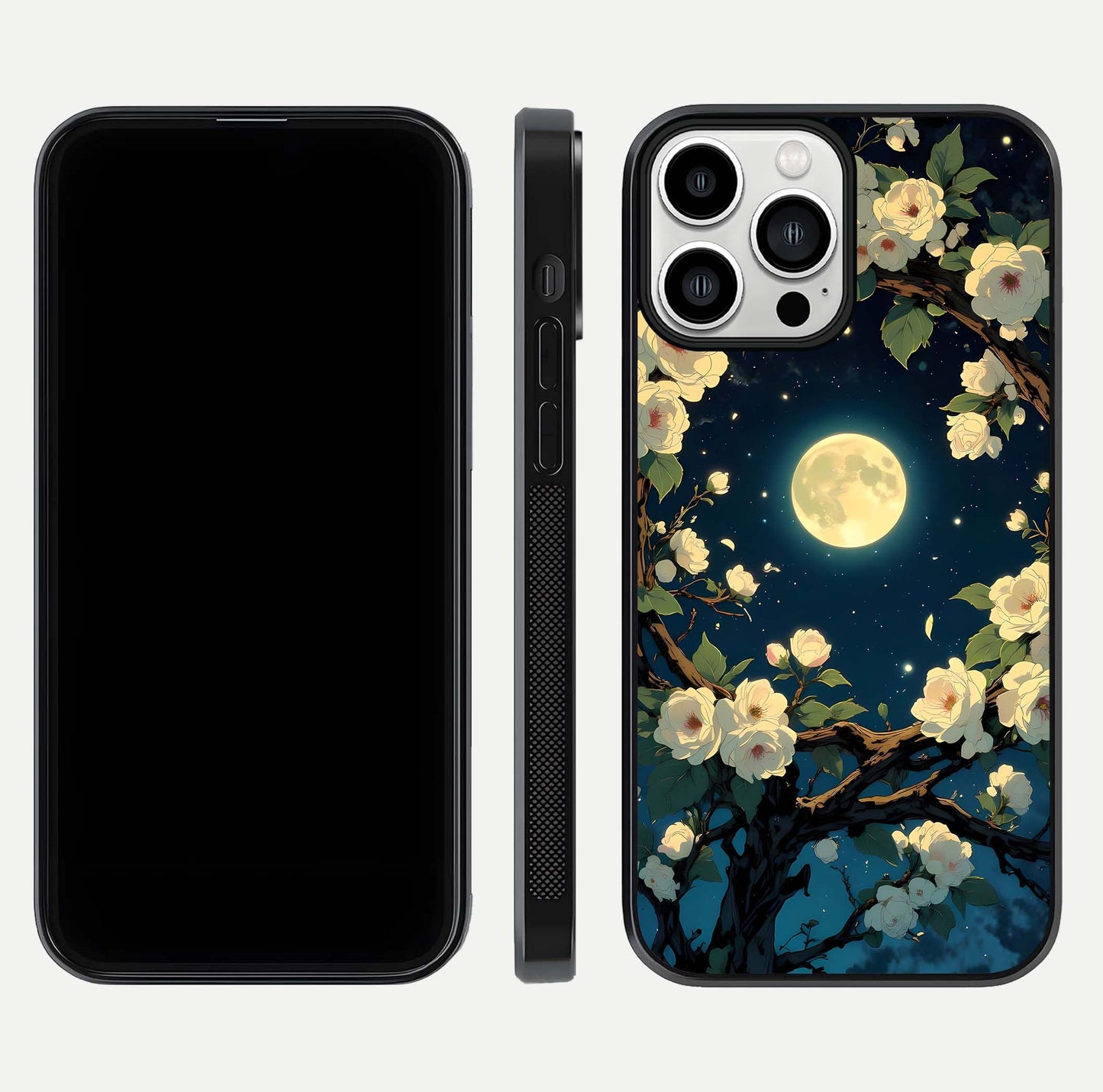 Celestial Moon & Flower Glass Case for iPhone 13 Pro Max dual-view layout showing balanced lunar art and gloss tone