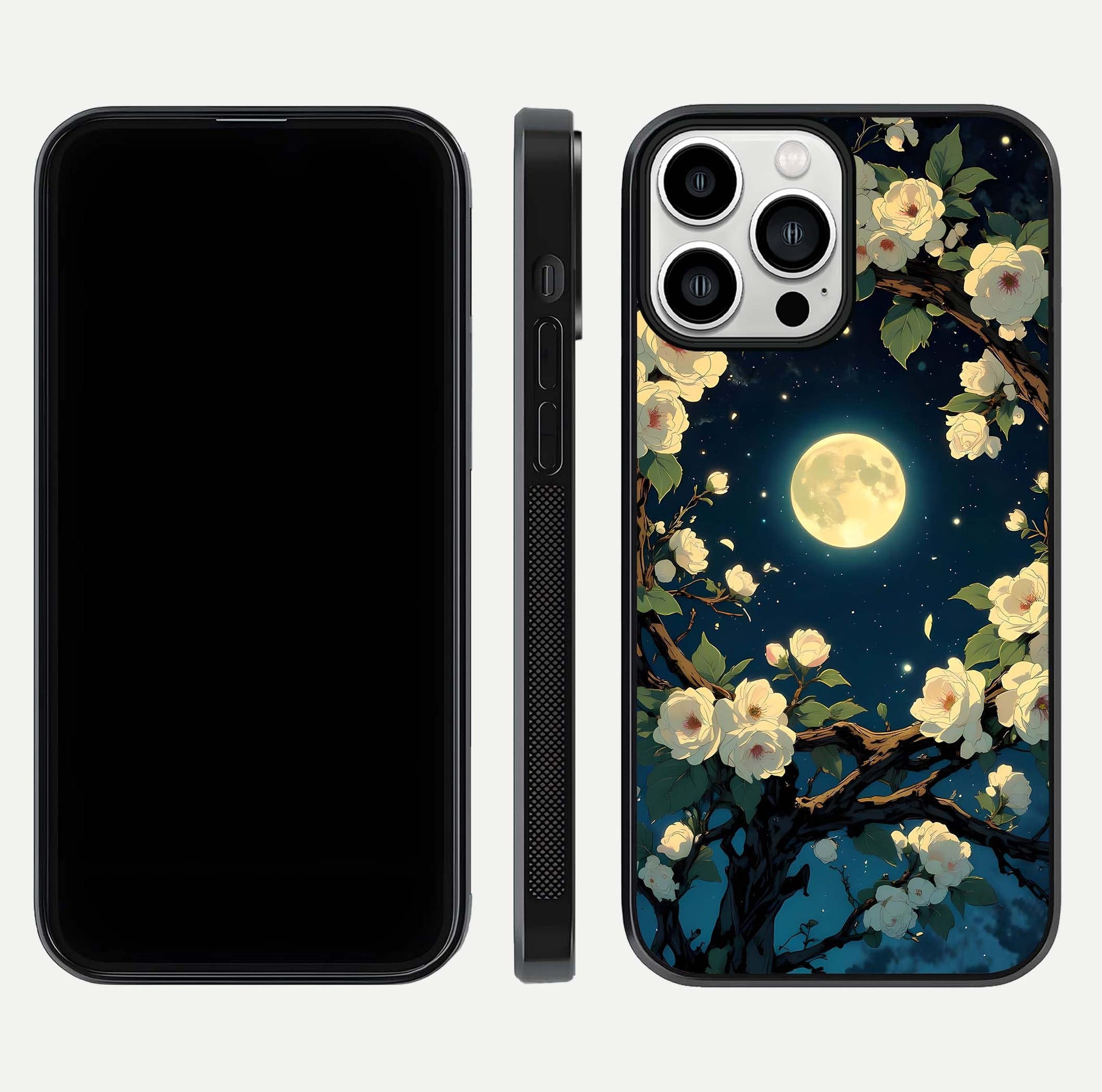 Celestial Moon & Flower Glass Case for iPhone 13 Pro Max dual-view layout showing balanced lunar art and gloss tone