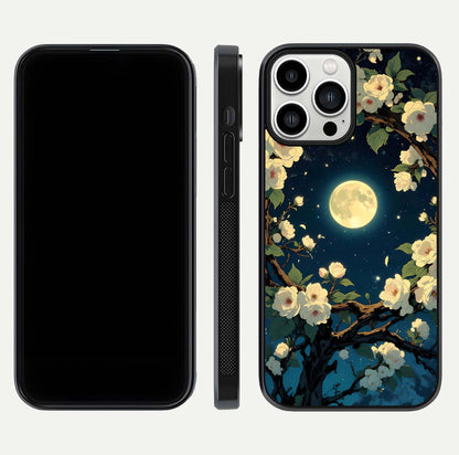Celestial Moon & Flower Glass Case for iPhone 13 Pro Max dual-view layout showing balanced lunar art and gloss tone