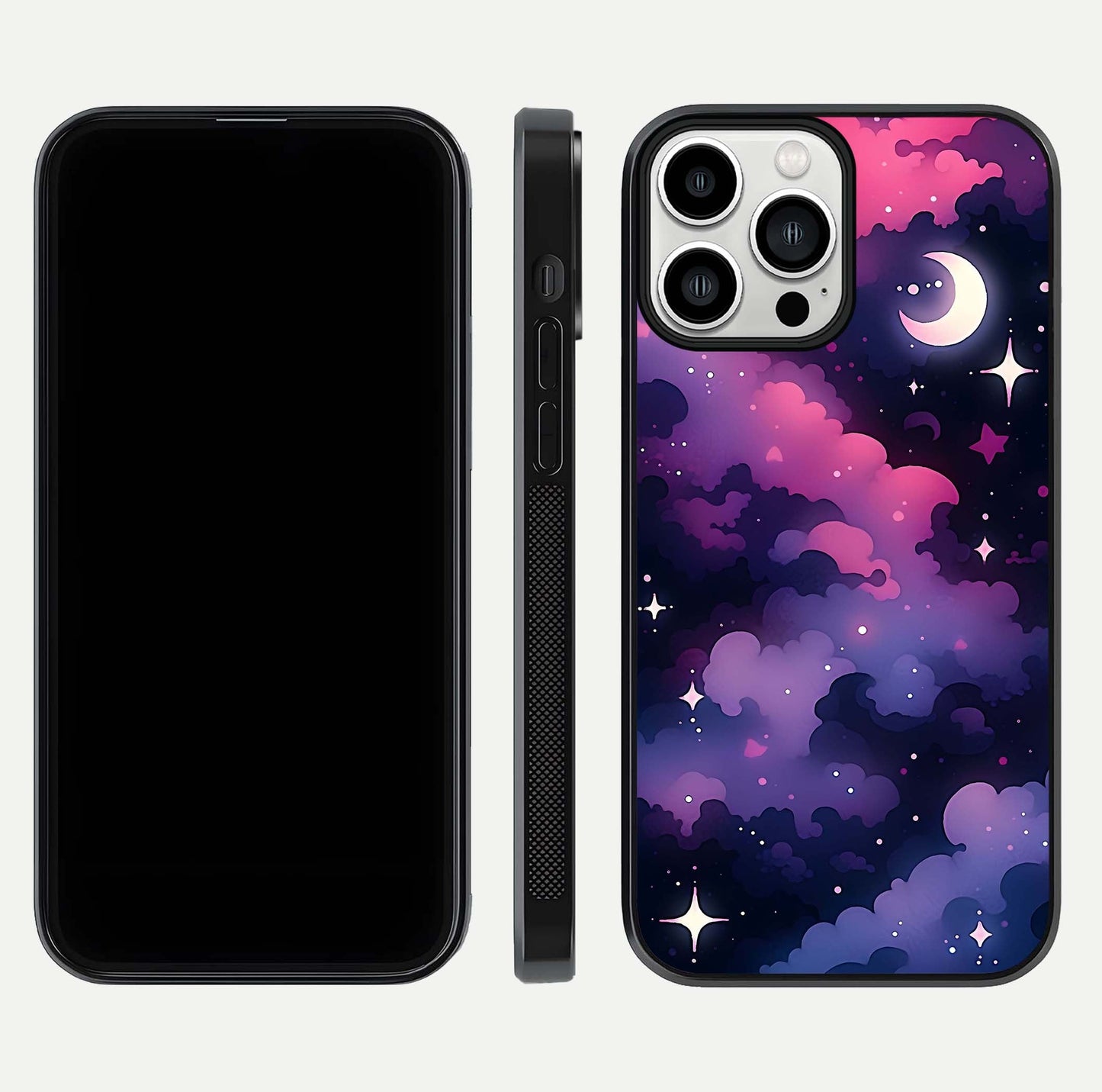 Celestial Moon Magic Glass Case for iPhone 13 Pro Max dual-view layout displaying lunar design and sleek edges