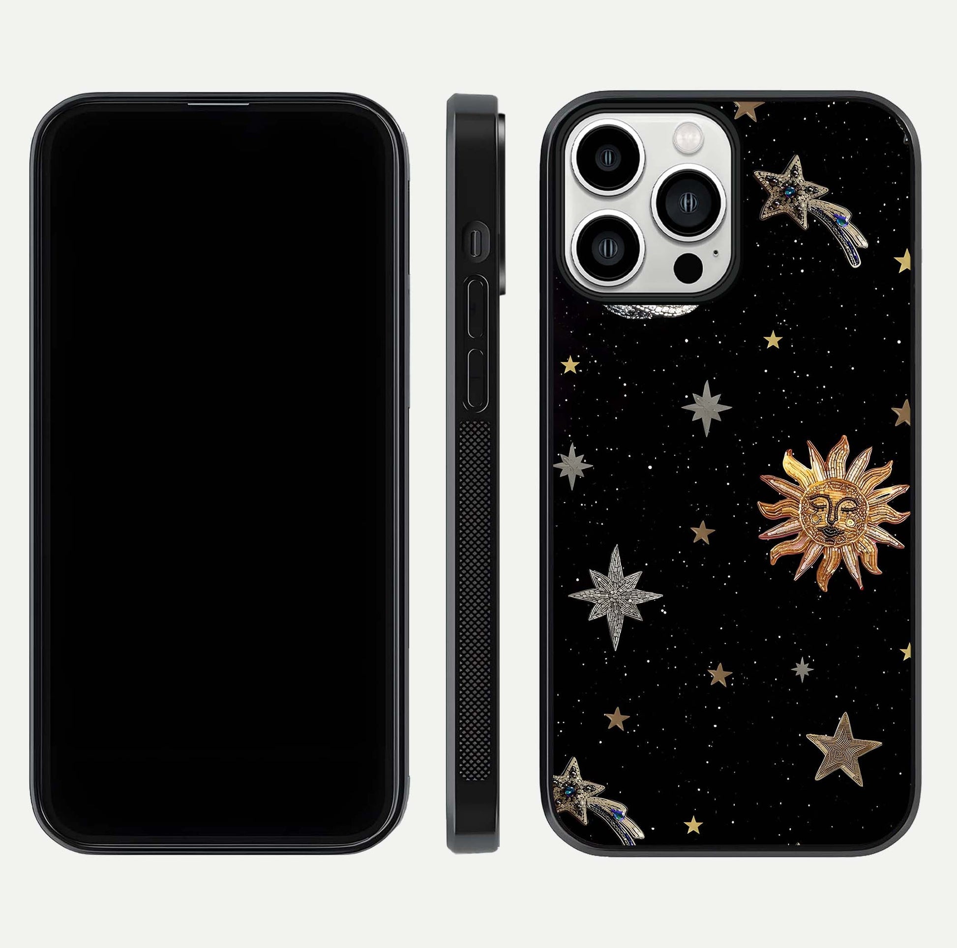 Celestial Moon With Stars Glass Case for iPhone 13 Pro Max front-and-back layout displaying lunar art and premium finish
