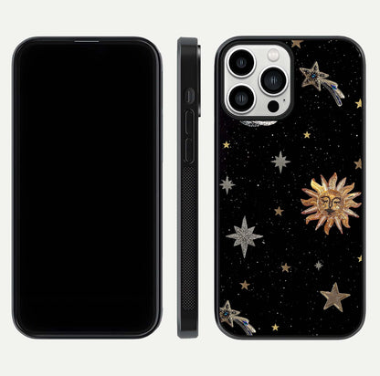 Celestial Moon With Stars Glass Case for iPhone 13 Pro Max front-and-back layout displaying lunar art and premium finish