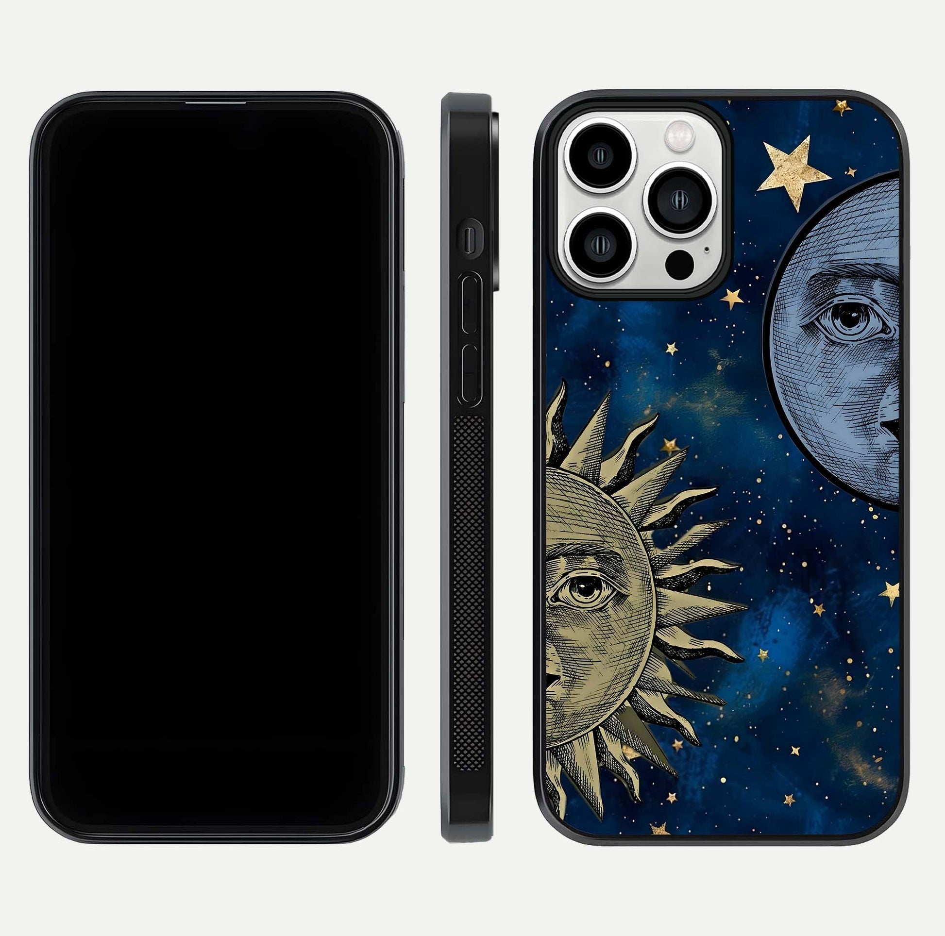 Celestial Moon With Sun Glass Case for iPhone 13 Pro Max dual-view layout showing luminous pattern and curved edges
