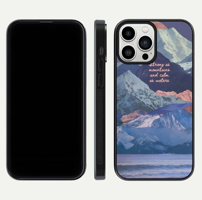 Celestial Mountain Calm Glass Case for iPhone 13 Pro Max dual-view layout displaying scenic tones and curved finish
