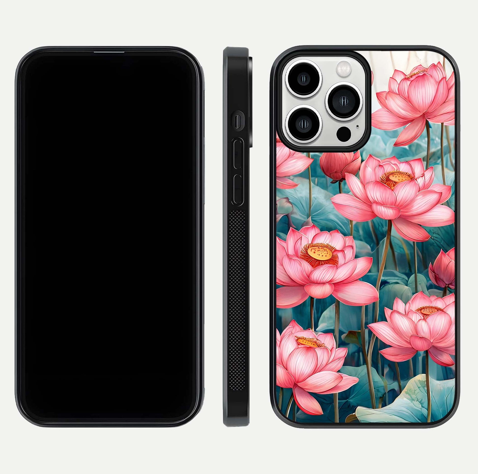 Celestial Pink Lotus Glass Case for iPhone 13 Pro Max dual-view layout showing floral center and smooth edges