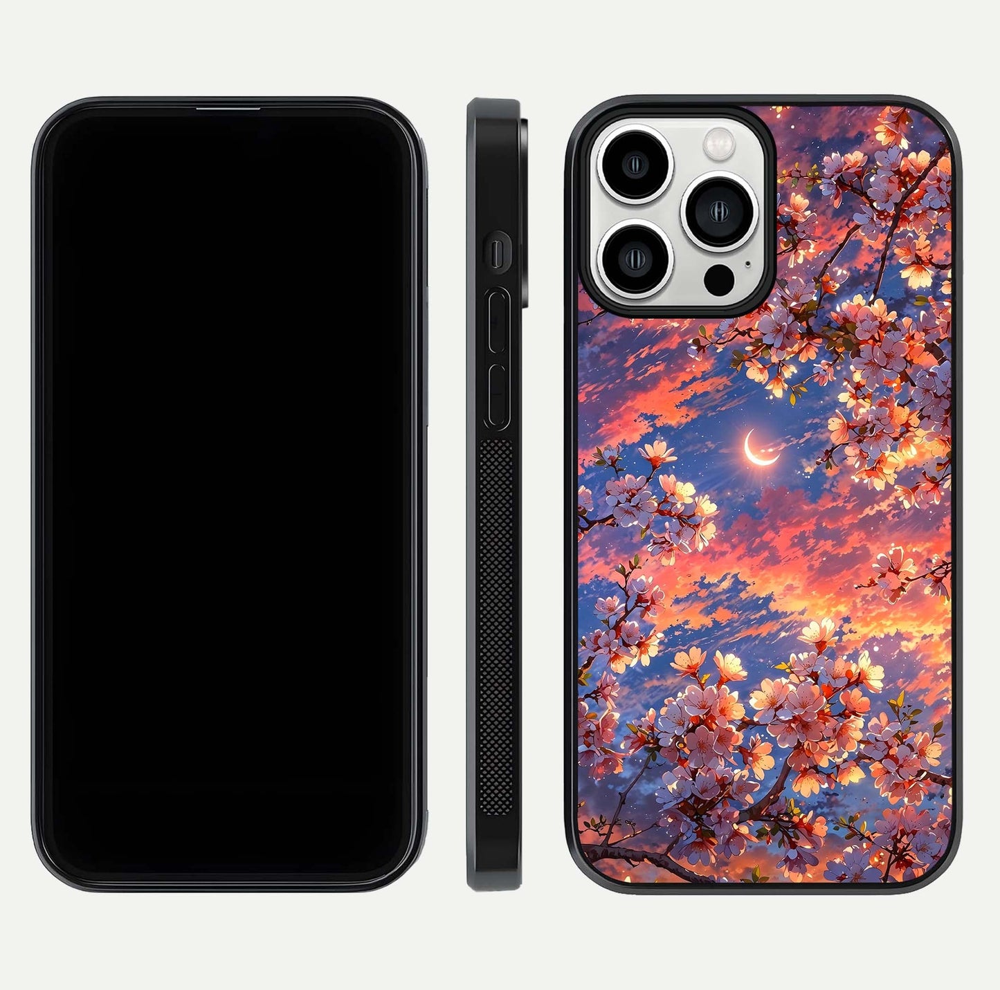 Celestial Sakura Sunset Glass Case for iPhone 13 Pro Max dual-view layout showing floral gradient and reflection polish