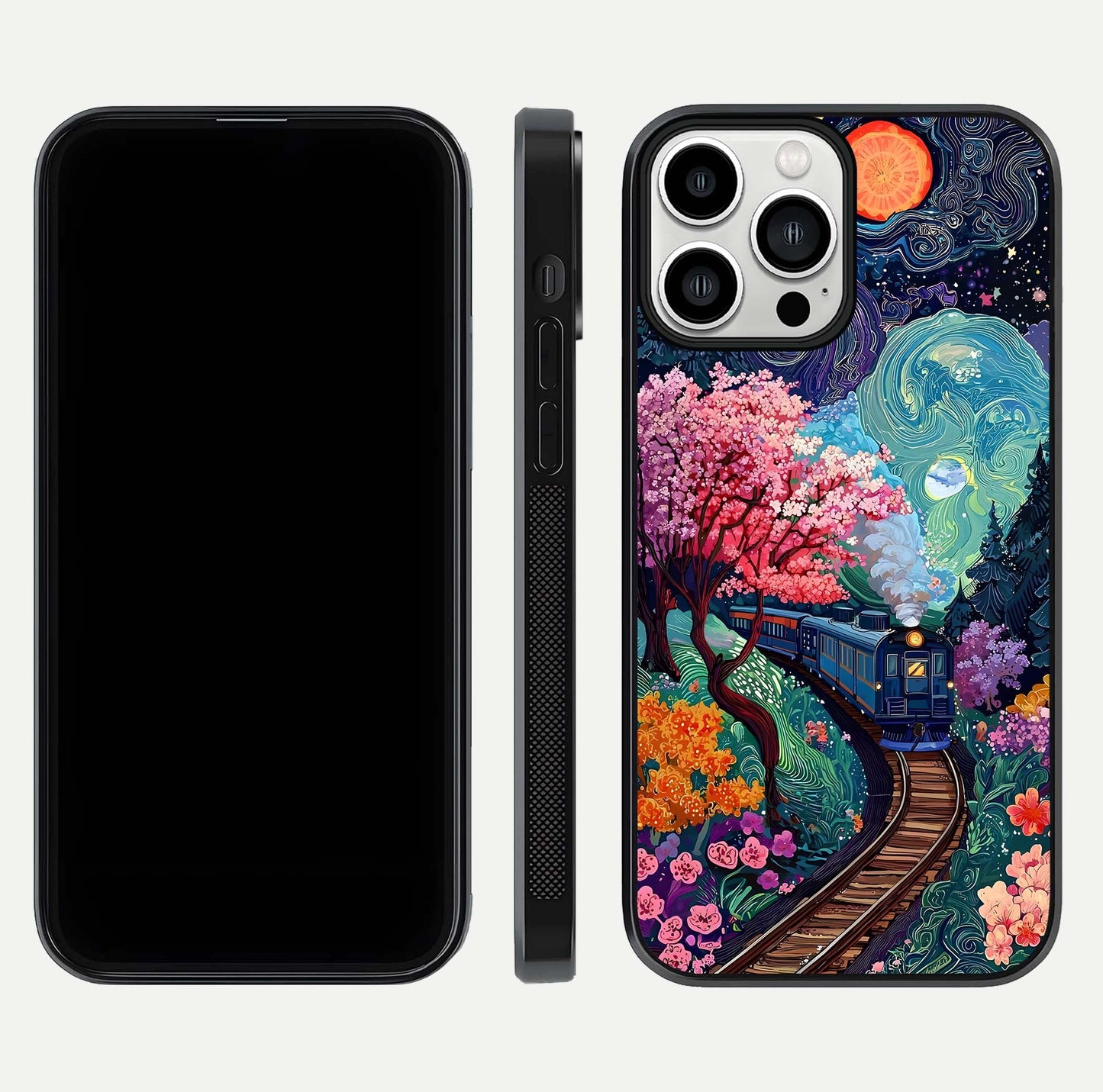Celestial Train Journey Glass Case for iPhone 13 Pro Max dual-view layout showing cosmic art balance and curved glass edges