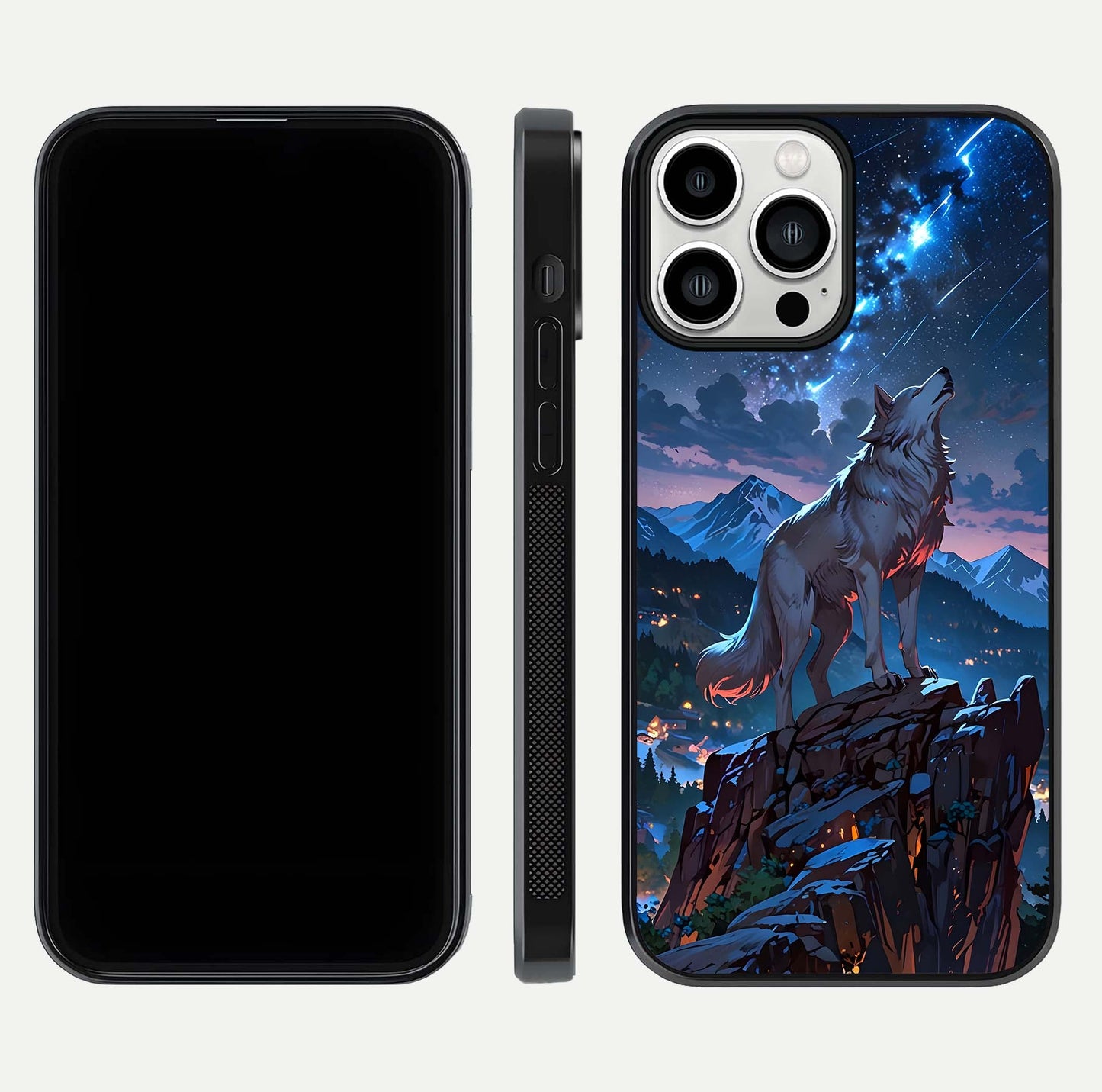 Celestial Wolf Howl Glass Case for iPhone 13 Pro Max dual-view layout displaying night tones and protective glass edges