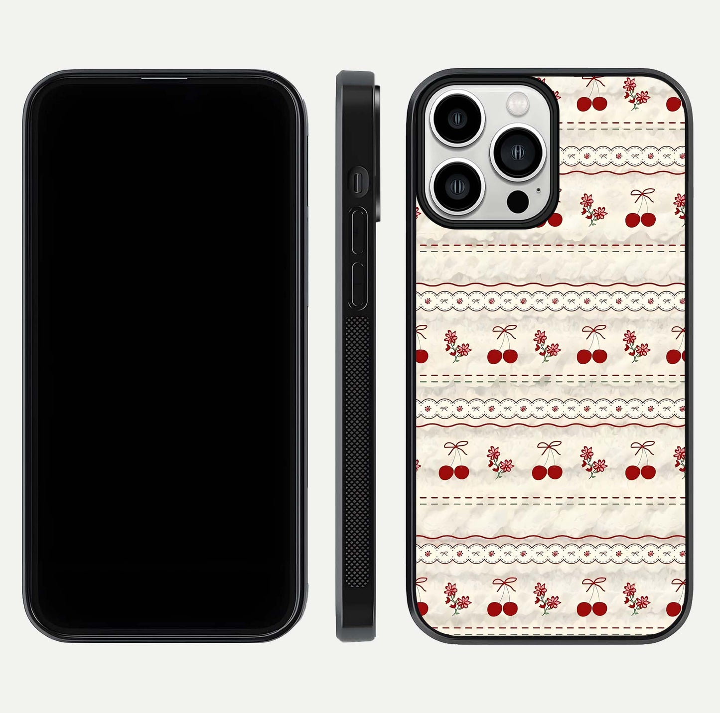 Cherry Bloom Charm Glass Case for iPhone 13 Pro Max front-and-back layout displaying floral art and smooth finish