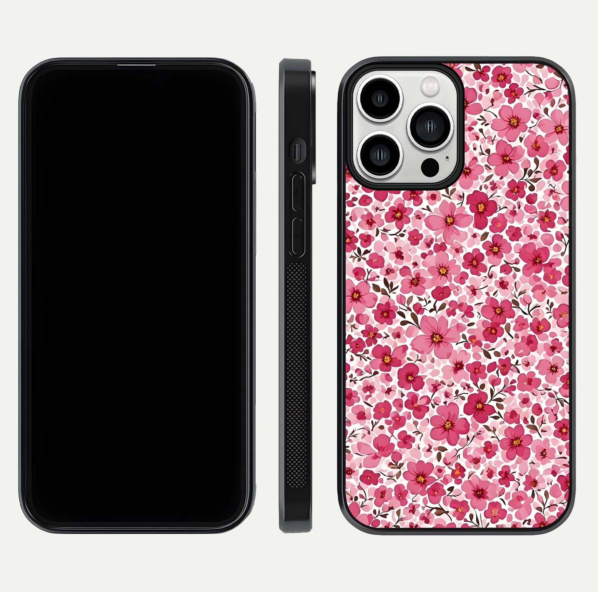 Cherry Blossom Charm Glass Case for iPhone 13 Pro Max dual-view layout showing elegant floral balance and HD gloss