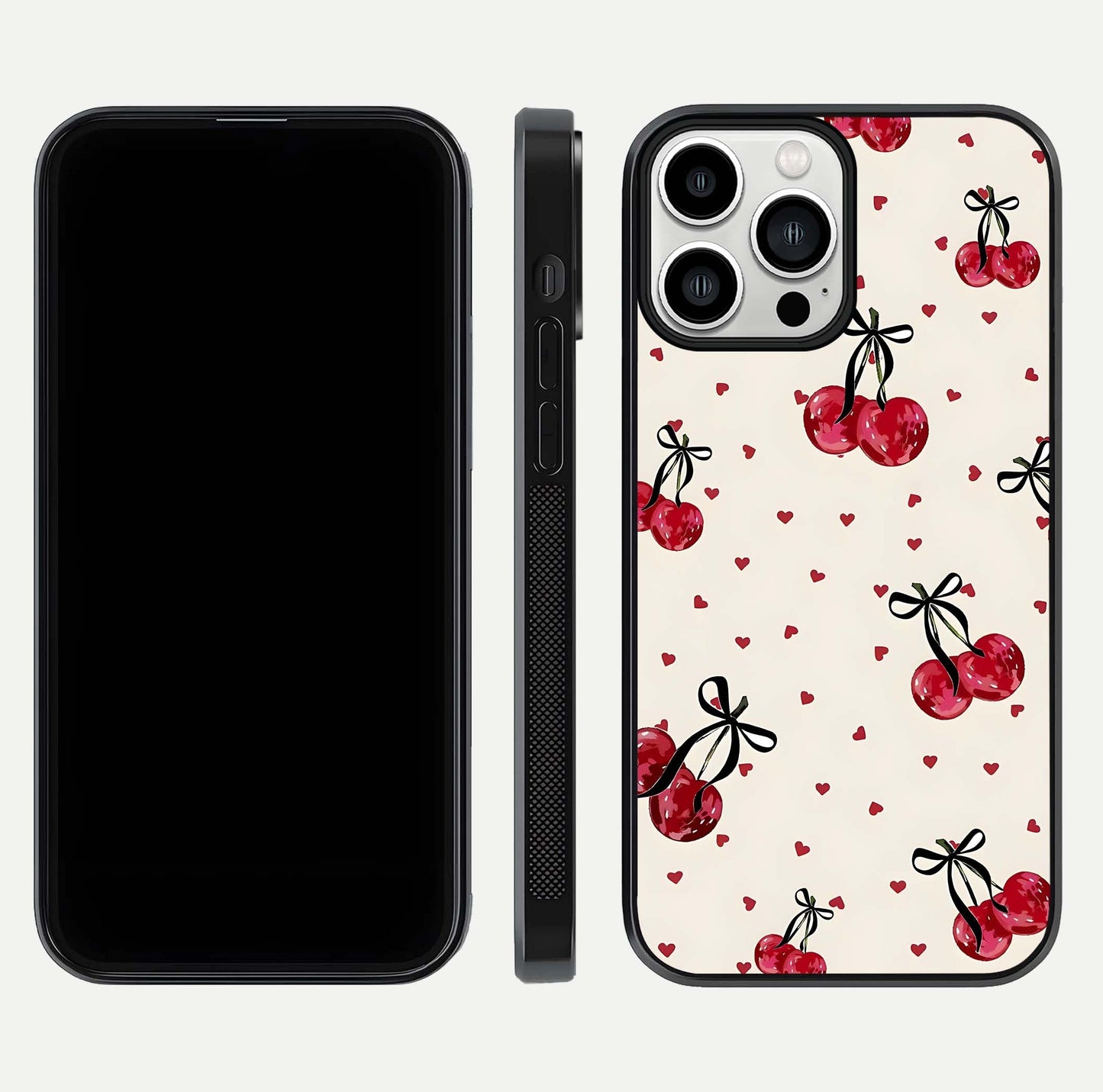 Cherry Heart Bow Glass Case for iPhone 13 Pro Max front-and-back view showing design clarity and edge protection