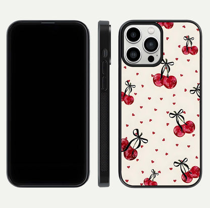 Cherry Heart Bow Glass Case for iPhone 13 Pro Max front-and-back view showing design clarity and edge protection