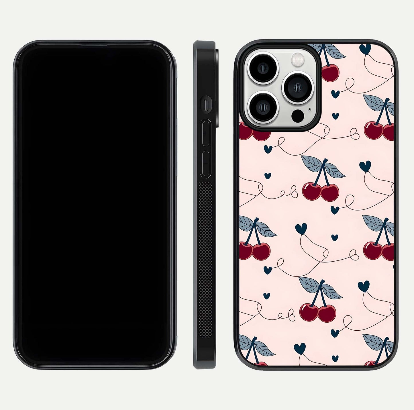 Cherry Heart Line Glass Case for iPhone 13 Pro Max dual-view layout displaying minimal cherry motif and edge design