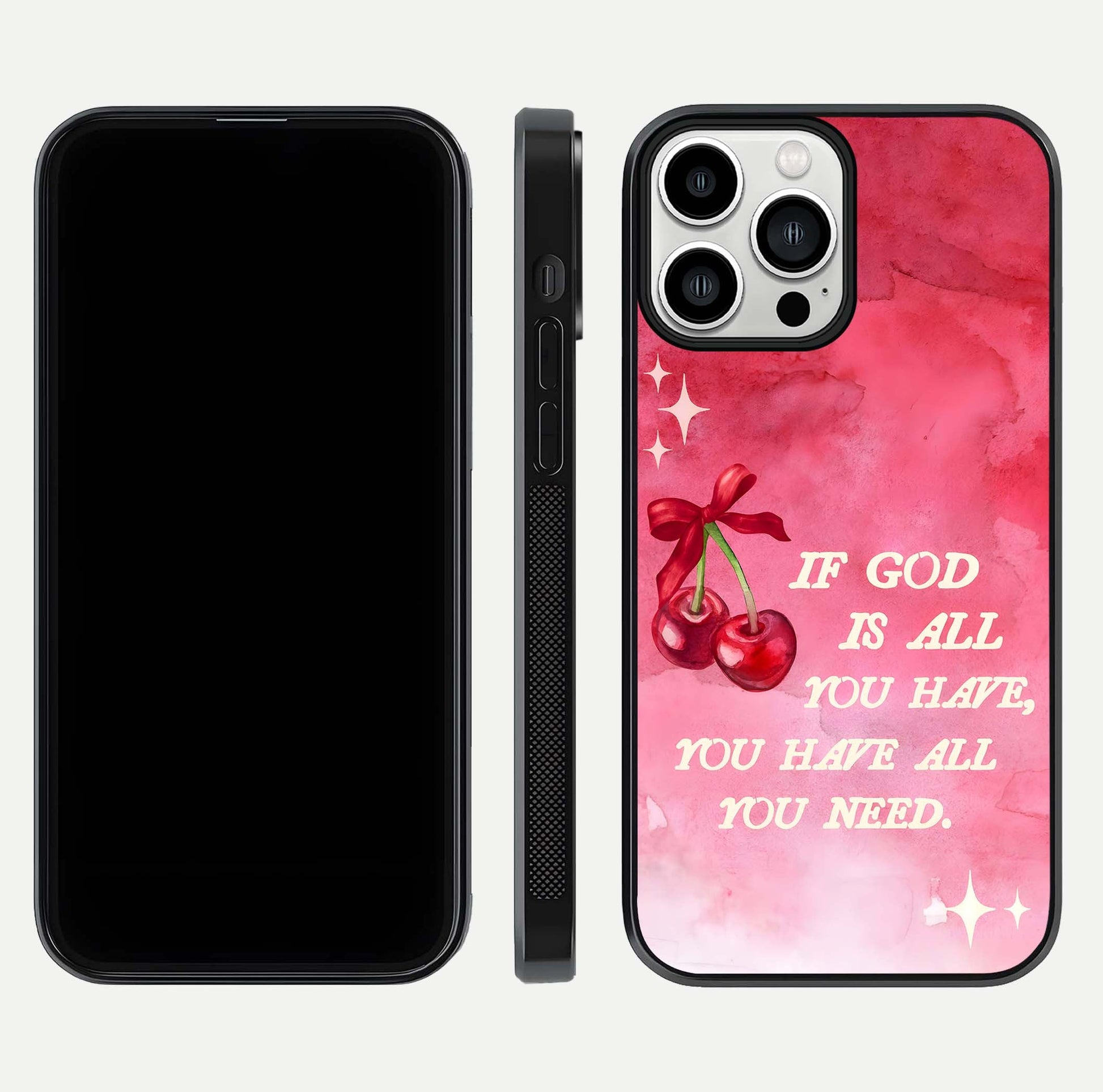Cherry Quote Glass Case for iPhone 13 Pro Max dual-view layout showing red cherry tones and text balance