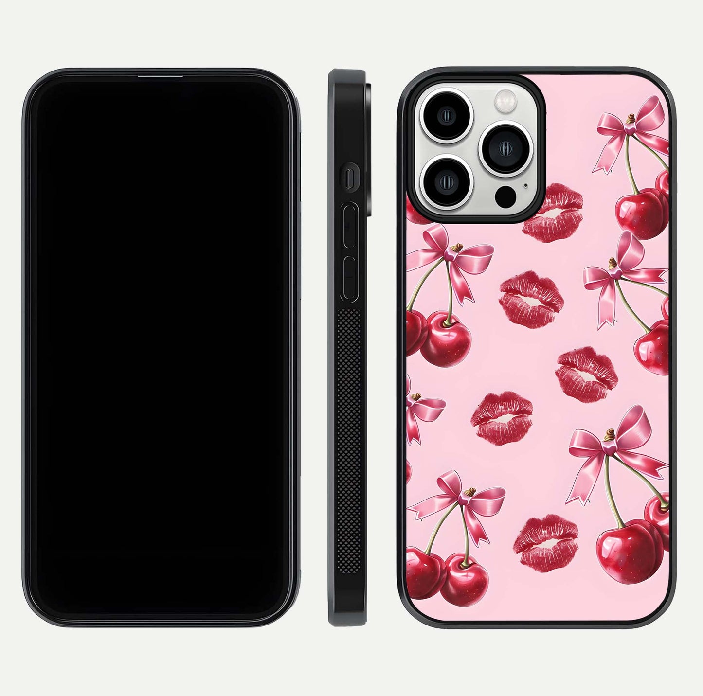 Cherry With Lips Glass Case for iPhone 13 Pro Max front-and-back layout displaying detailed design and glass finish