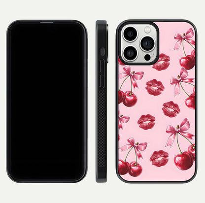 Cherry With Lips Glass Case for iPhone 13 Pro Max front-and-back layout displaying detailed design and glass finish