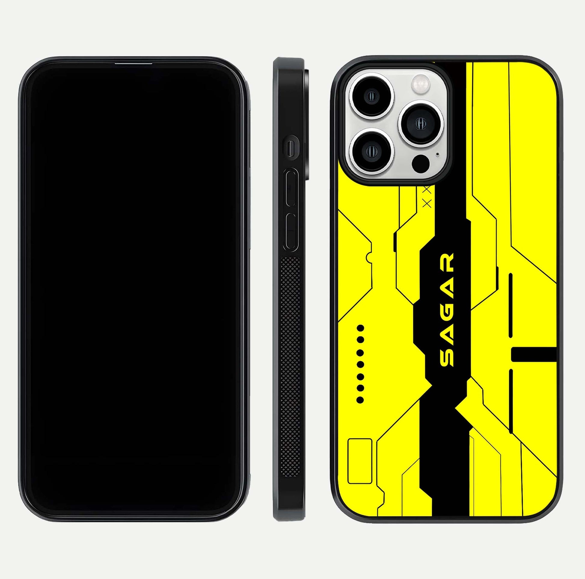 Circuit CYBERPUNK Custom Name Glass Case for iPhone 13 Pro Max dual-view layout showing bold tech art and edge clarity
