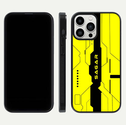 Circuit CYBERPUNK Custom Name Glass Case for iPhone 13 Pro Max dual-view layout showing bold tech art and edge clarity