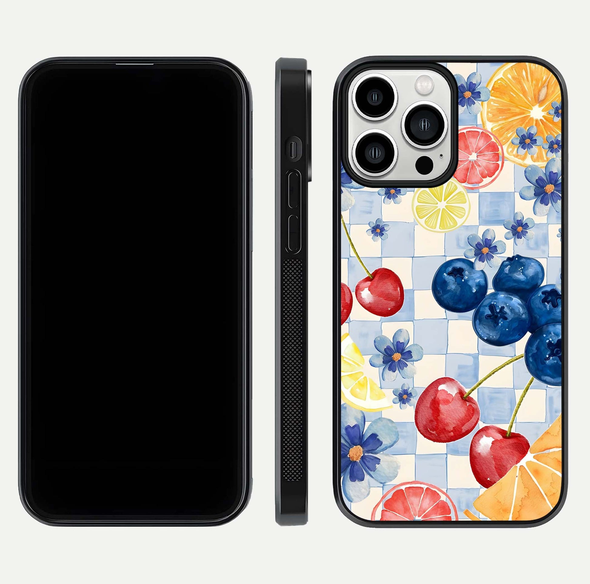 Citrus Bloom Joy Glass Case for iPhone 13 Pro Max dual-view layout displaying colorful print and smooth edges