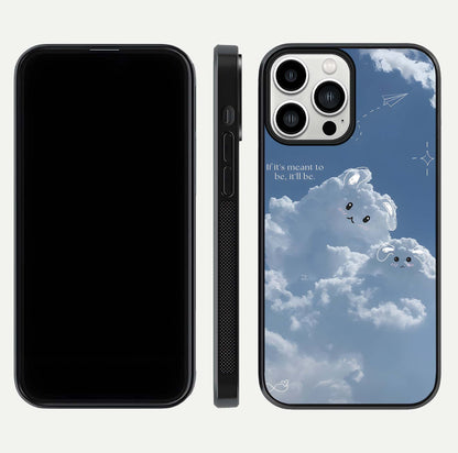 Cloud Bunny Dreams Glass Case for iPhone 13 Pro Max dual-view layout displaying aesthetic tones and smooth polish