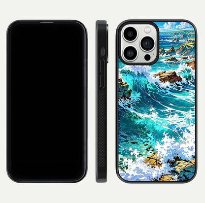 Coastal Blue Waves Glass Case for iPhone 13 Pro Max dual-view layout displaying sea tones and curved finish