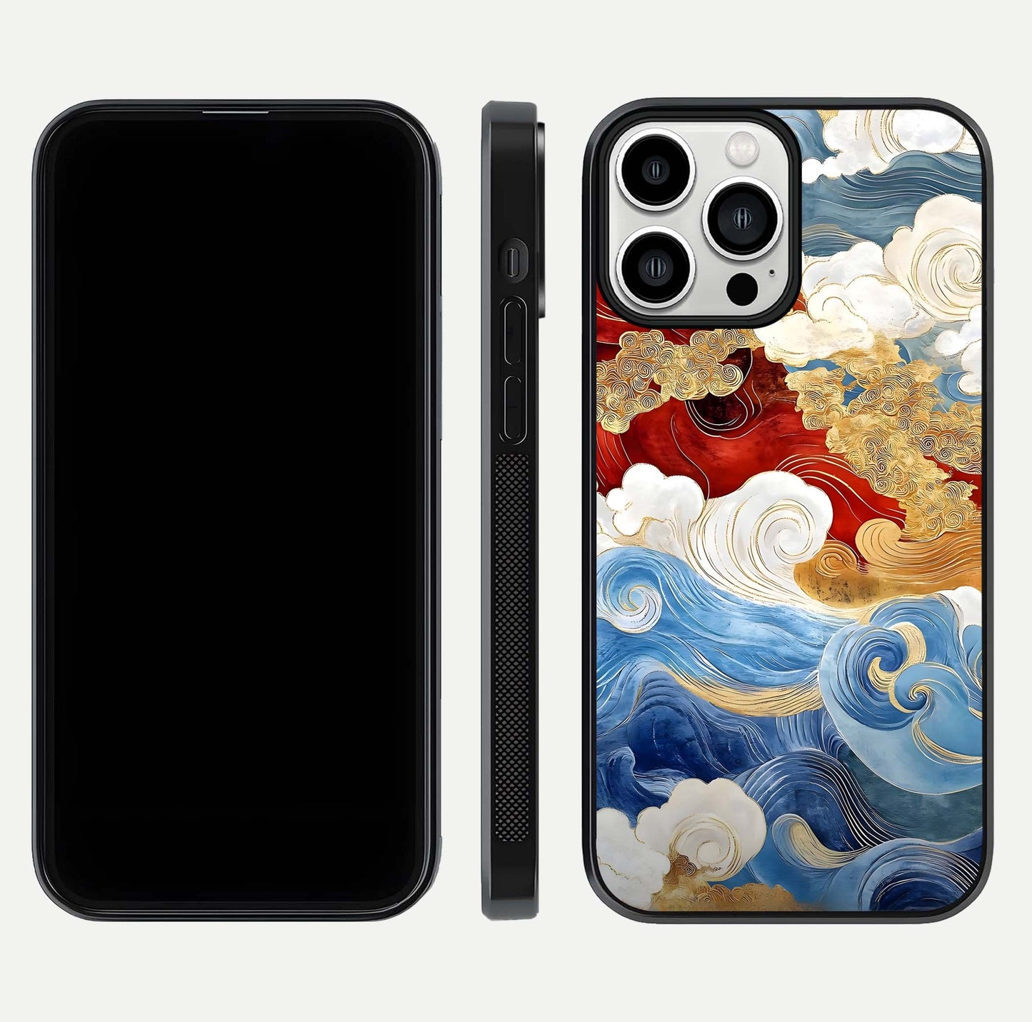 Colored Waves Glass Case for iPhone 13 Pro Max front & back layout showing smooth edges and vivid print tones