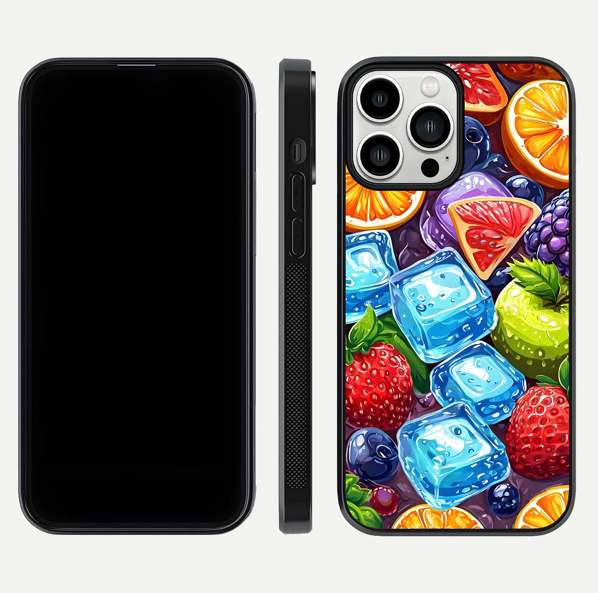 Colorful Fruits with Ice Glass Case for iPhone 13 Pro Max dual-view layout showing fresh tones and polished edges