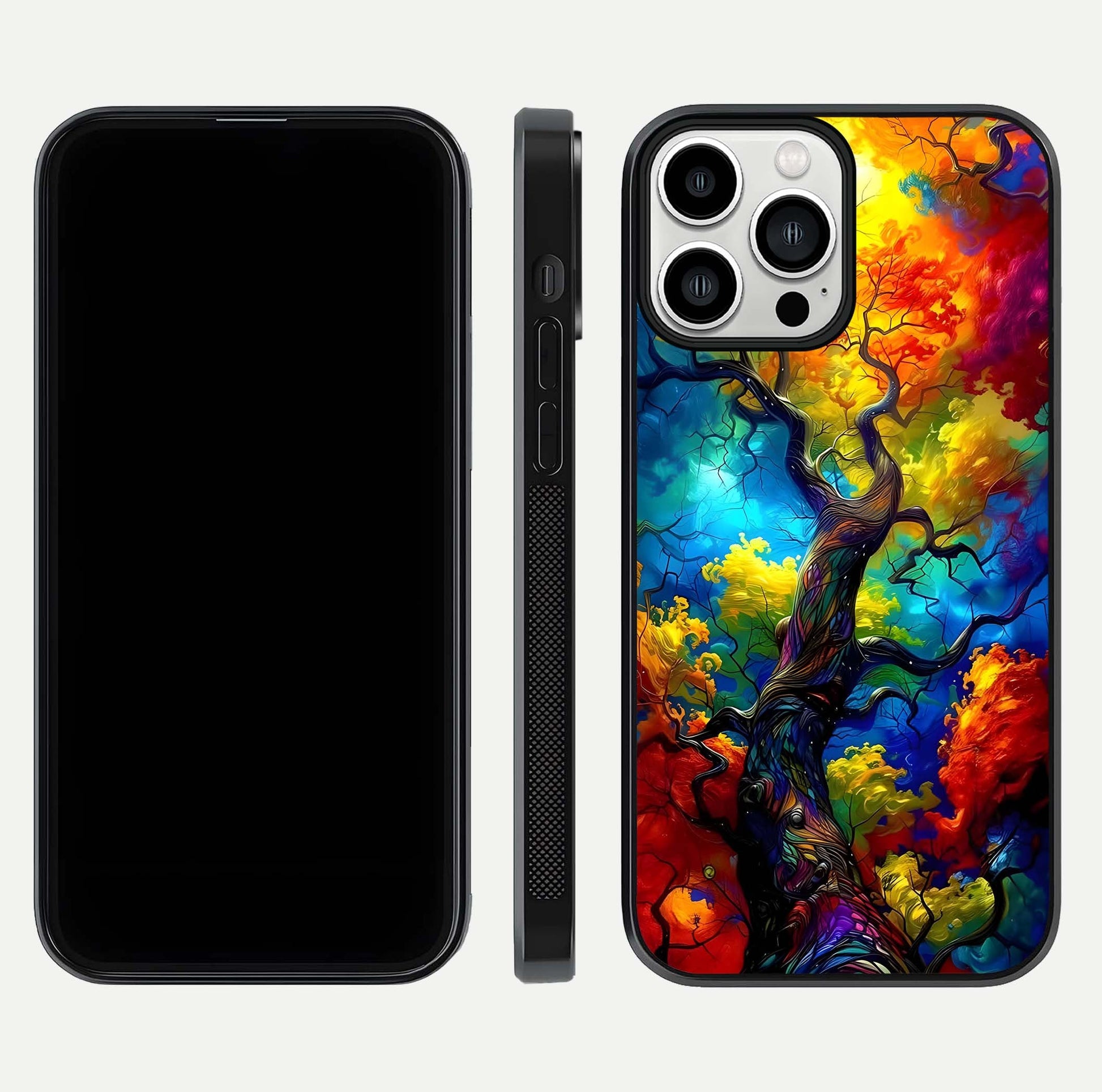 Colorful Tree Glass Case for iPhone 13 Pro Max dual-view layout displaying balanced tones and smooth edges