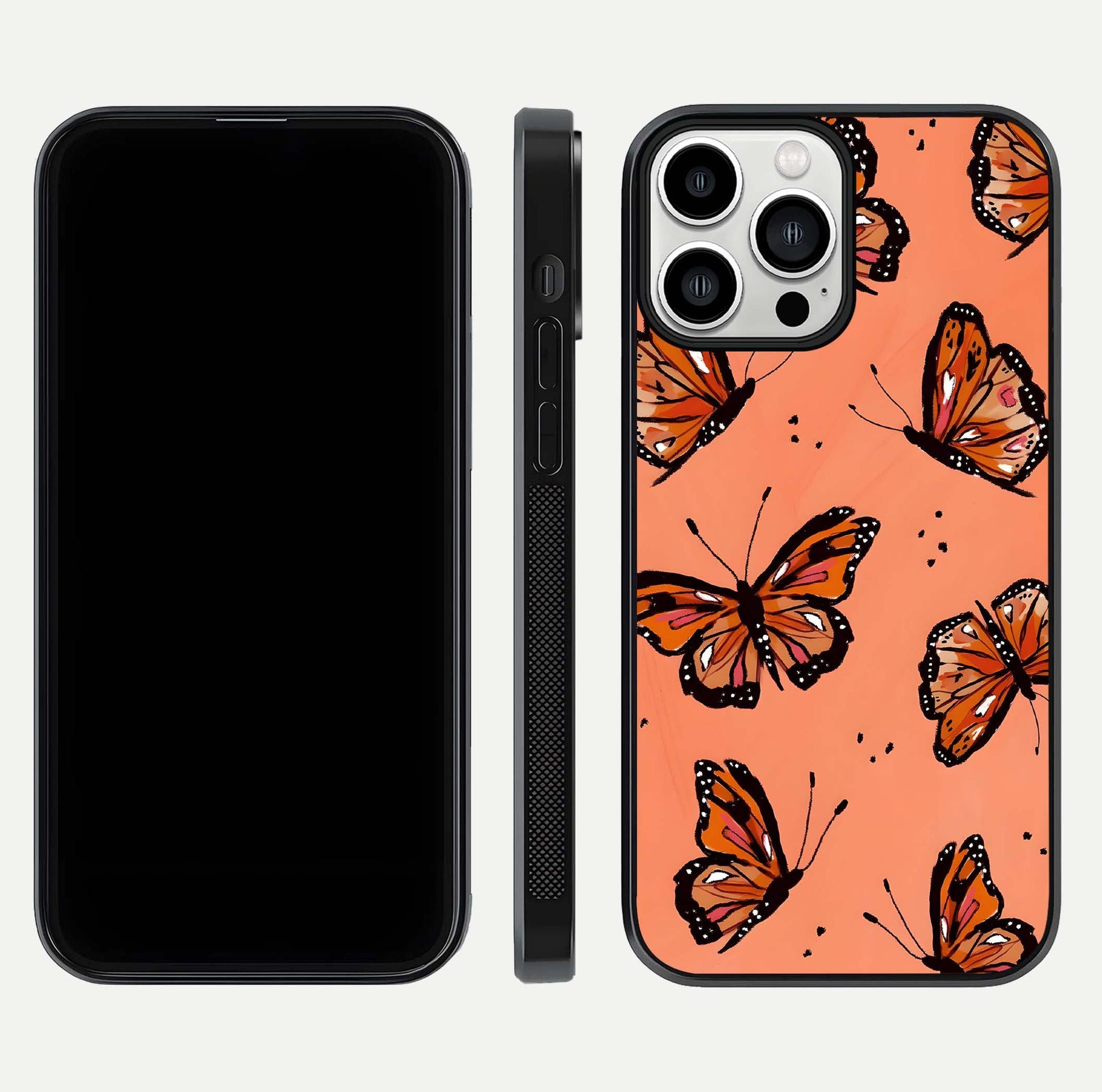 Coral Wing Butterfly Glass Case for iPhone 13 Pro Max dual-view layout displaying soft floral tones and curved edges