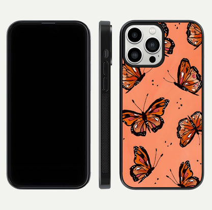 Coral Wing Butterfly Glass Case for iPhone 13 Pro Max dual-view layout displaying soft floral tones and curved edges