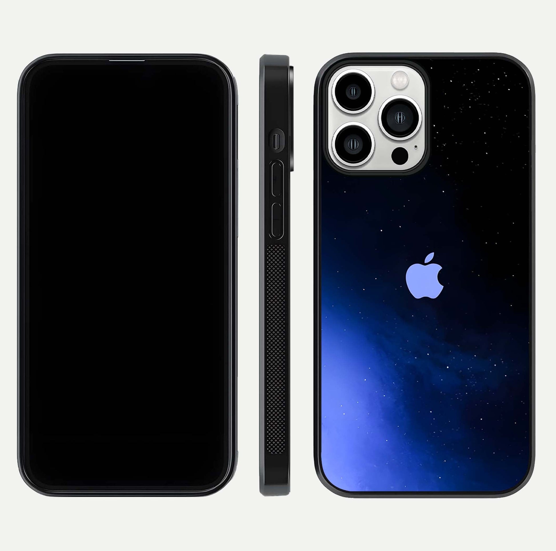 Cosmic Blue Apple Glass Case for iPhone 13 Pro Max dual-view layout displaying cosmic tones and glass edges