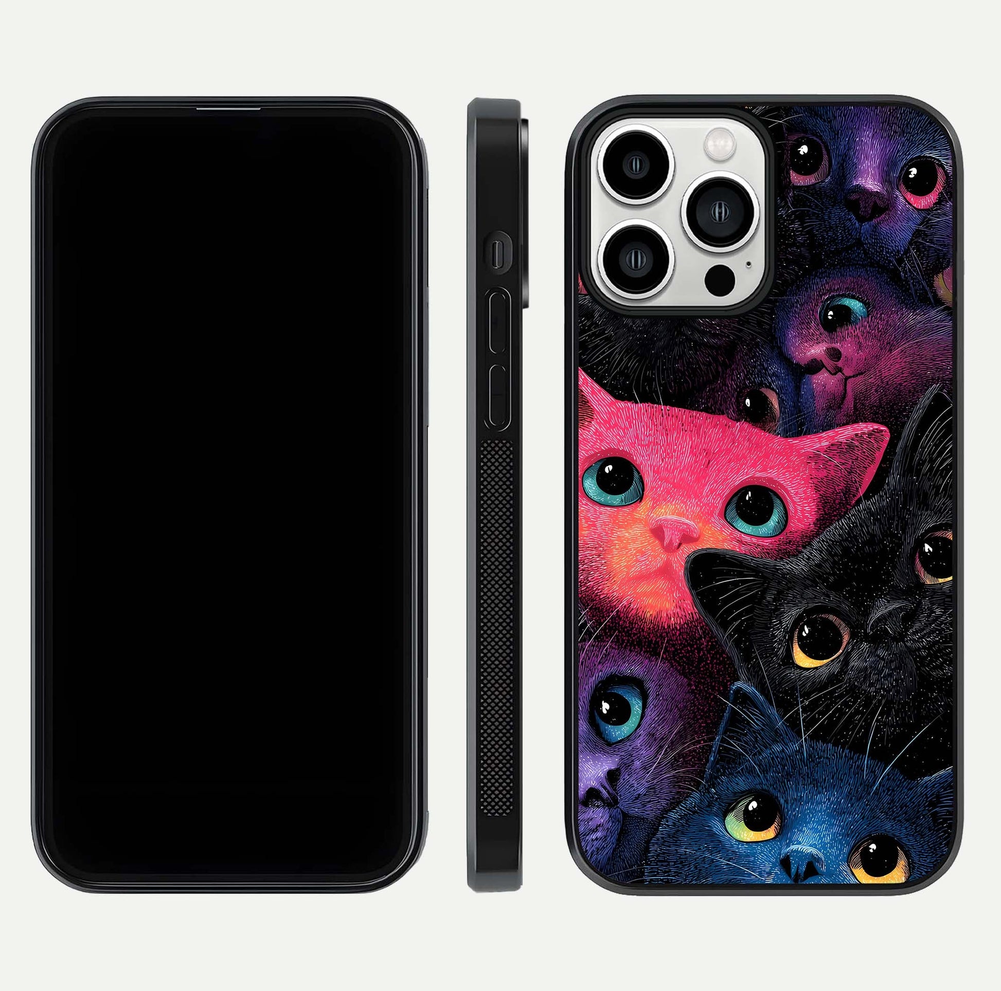 Cosmic Cats Dreams Glass Case for iPhone 13 Pro Max dual-view layout displaying HD print and glossy shine