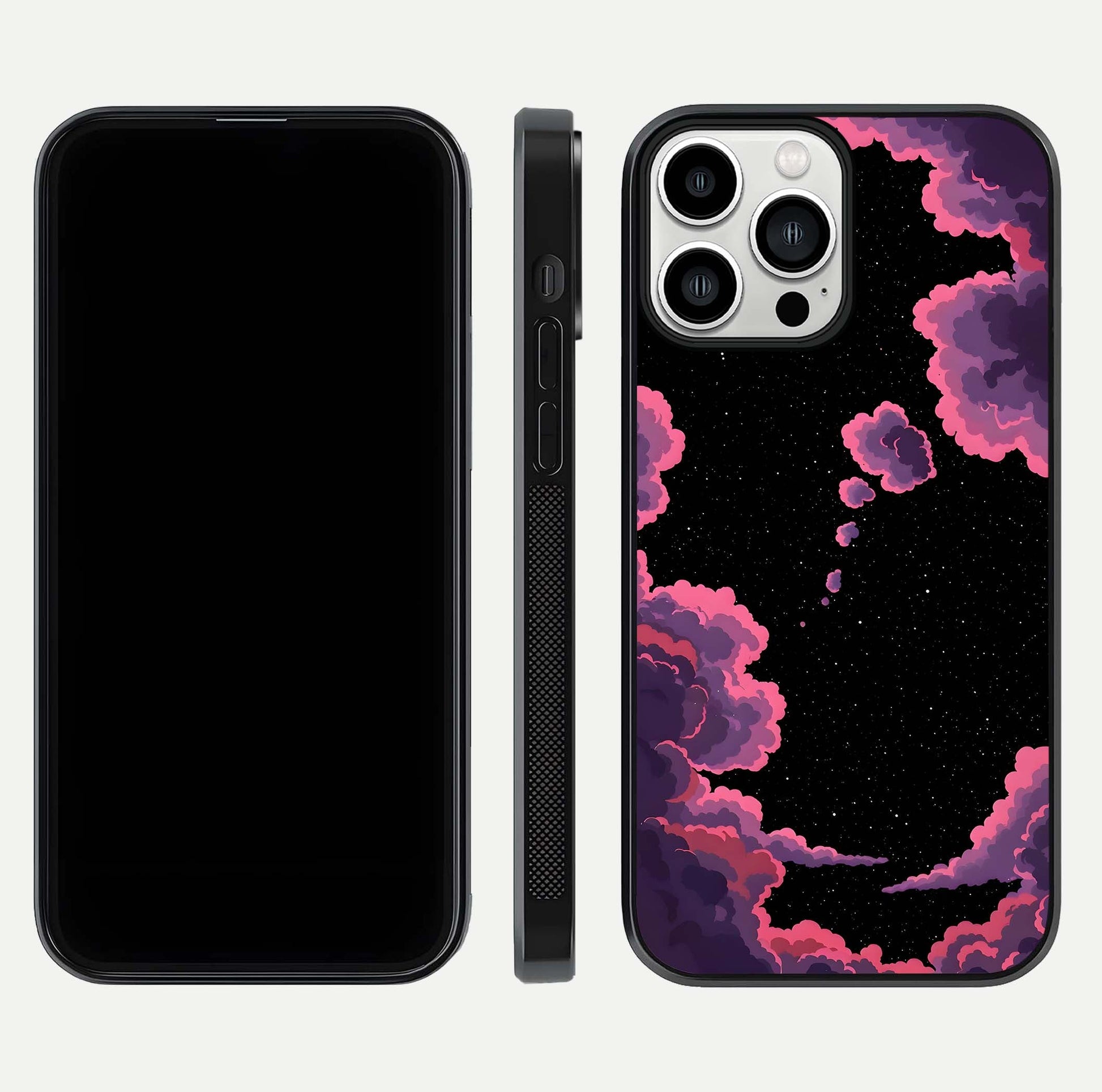 Cosmic Cloud Journey Glass Case for iPhone 13 Pro Max dual-view layout displaying celestial tones and edge clarity