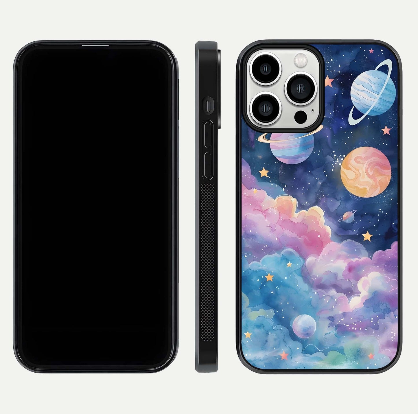 Cosmic Planet Dreams Glass Case for iPhone 13 Pro Max dual-view layout displaying galaxy colors and curved finish