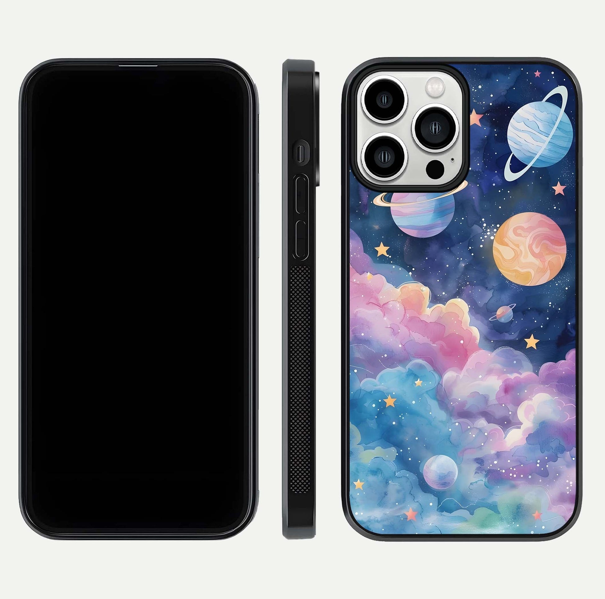 Cosmic Planet Dreams Glass Case for iPhone 13 Pro Max dual-view layout displaying galaxy colors and curved finish