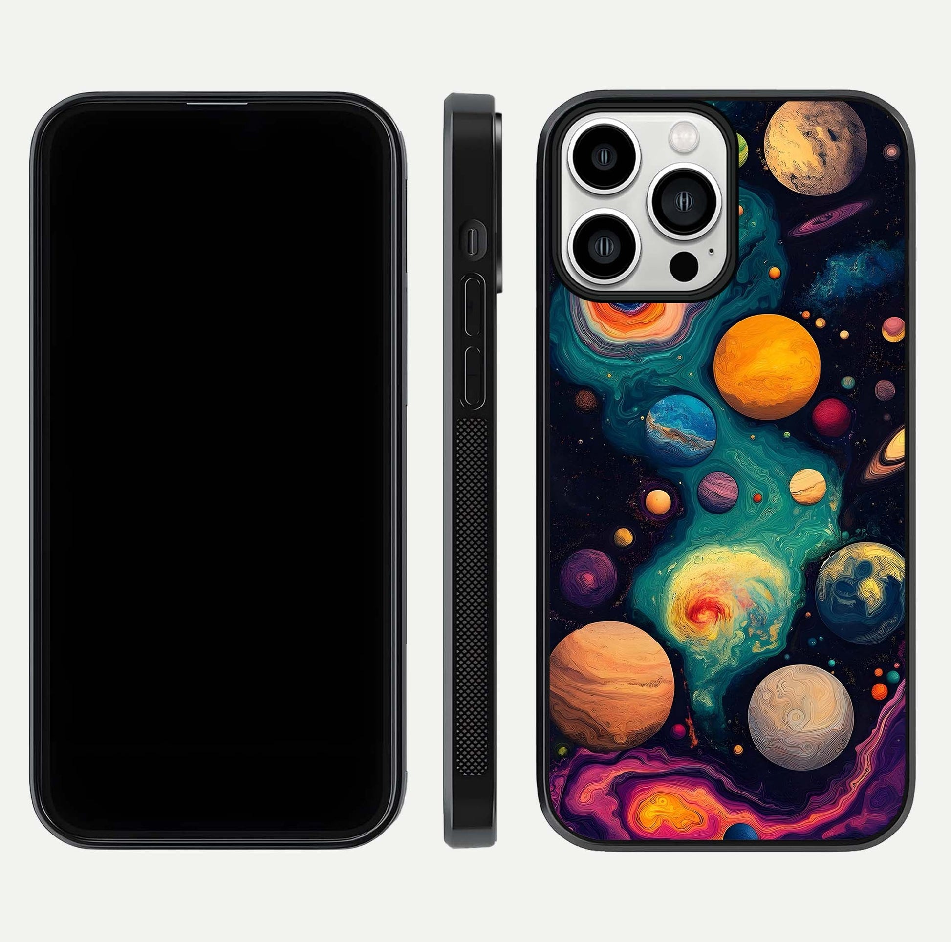 Cosmic Planet Journey Glass Case for iPhone 13 Pro Max dual-view layout displaying colorful cosmic balance