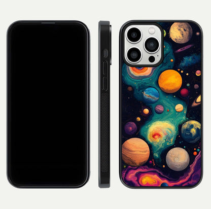 Cosmic Planet Journey Glass Case for iPhone 13 Pro Max dual-view layout displaying colorful cosmic balance