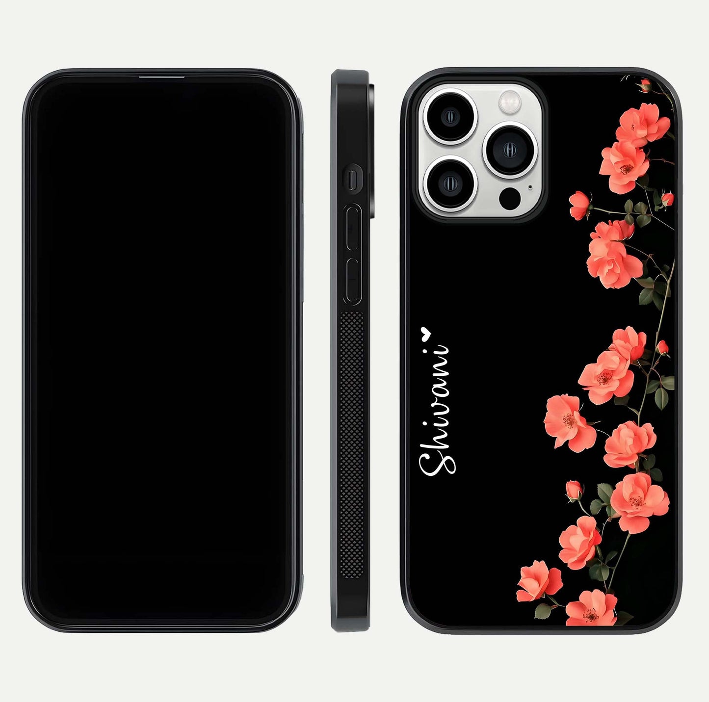 Crimson Bloom Grace Custom Name Glass Case for iPhone 13 Pro Max dual-view layout displaying custom text and smooth curved edges