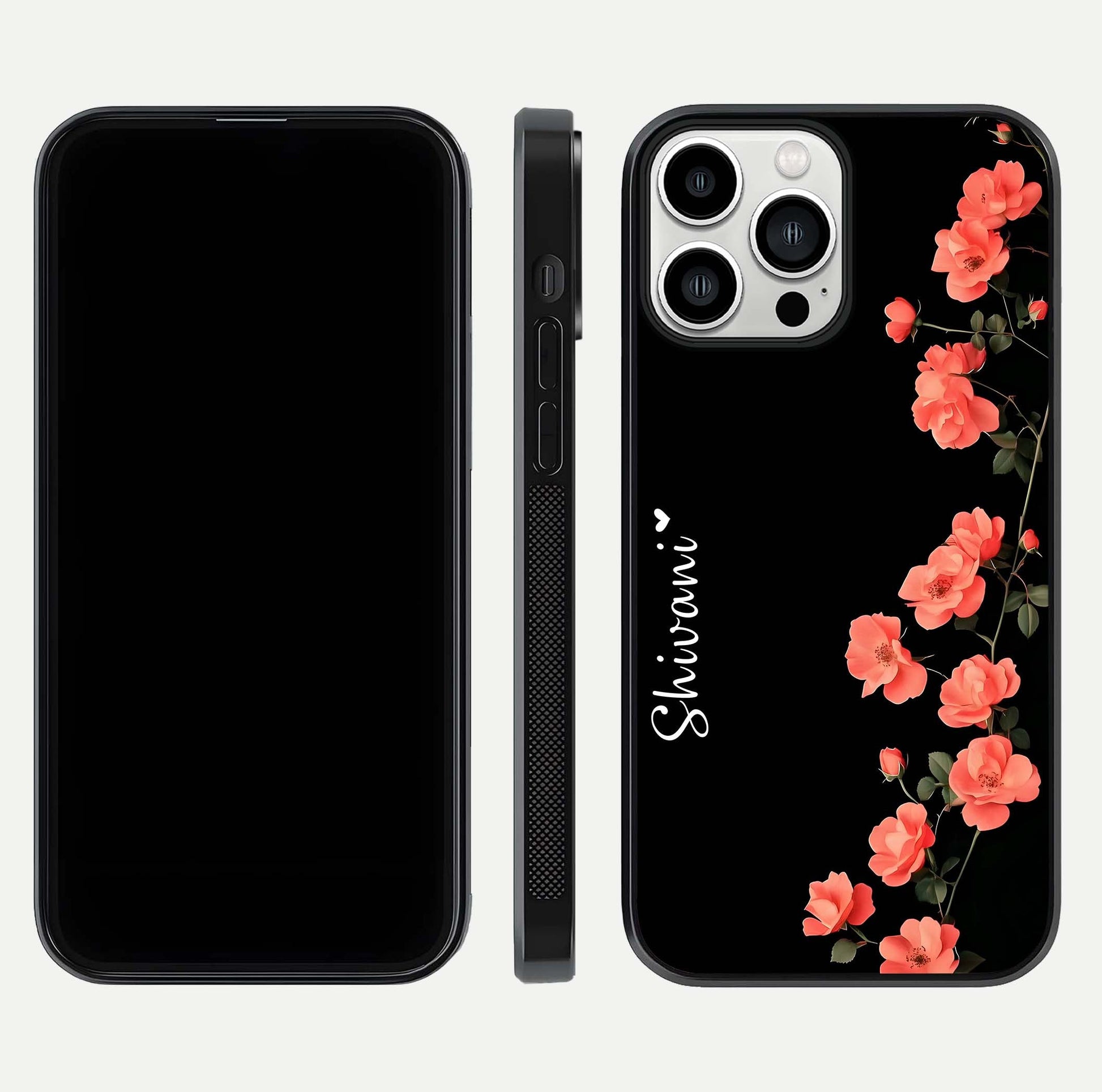 Crimson Bloom Grace Custom Name Glass Case for iPhone 13 Pro Max dual-view layout displaying custom text and smooth curved edges