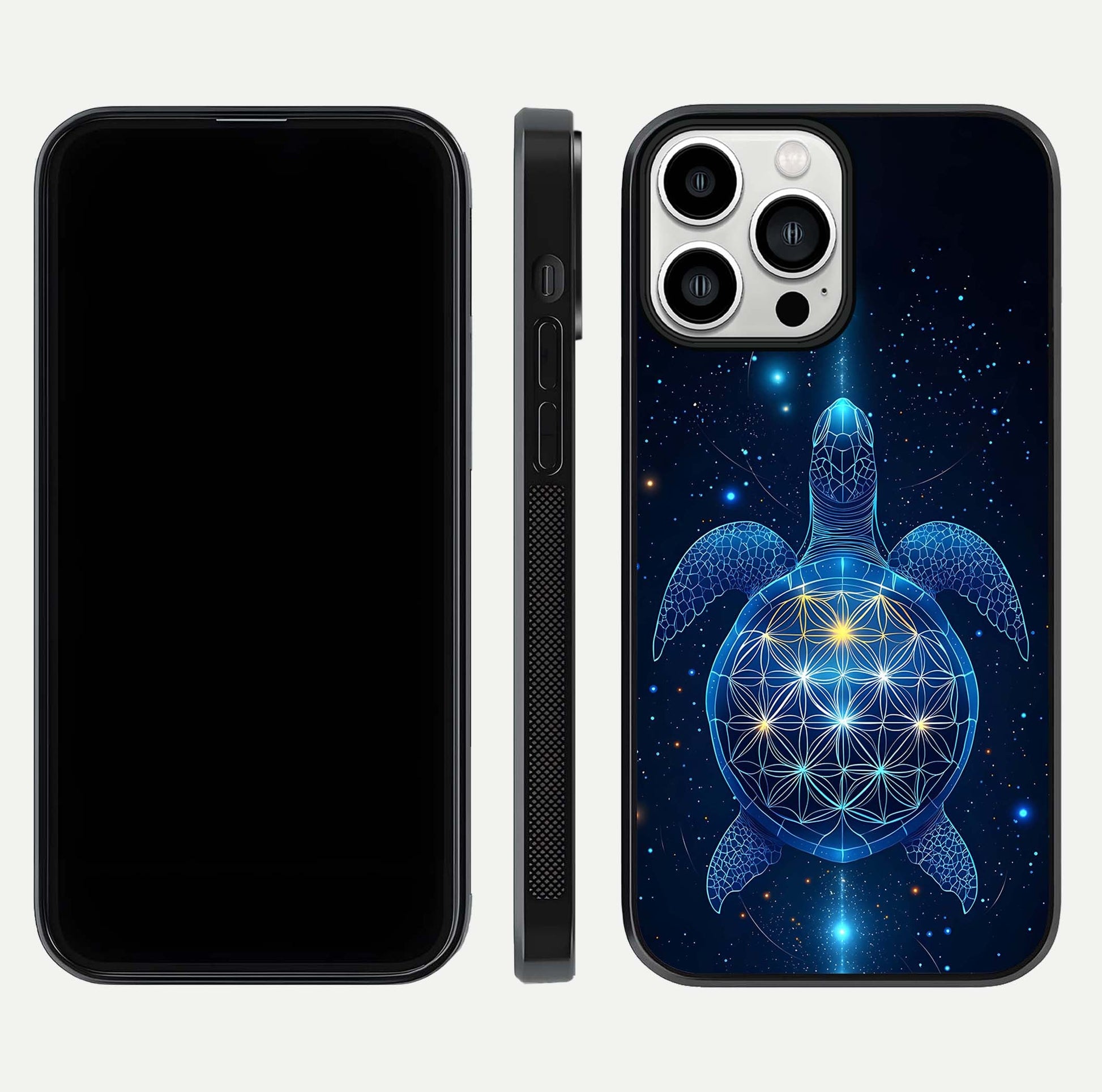 Crimson Blue Turtle Glass Case for iPhone 13 Pro Max dual-view layout displaying ocean tones and HD finish