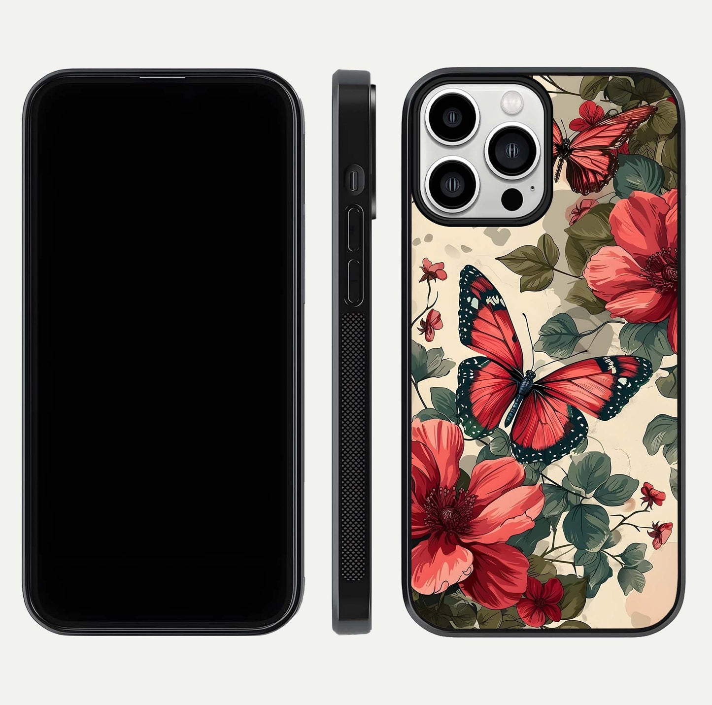 Crimson Butterfly Garden Glass Case for iPhone 13 Pro Max dual-view layout displaying floral patterns and edge finish